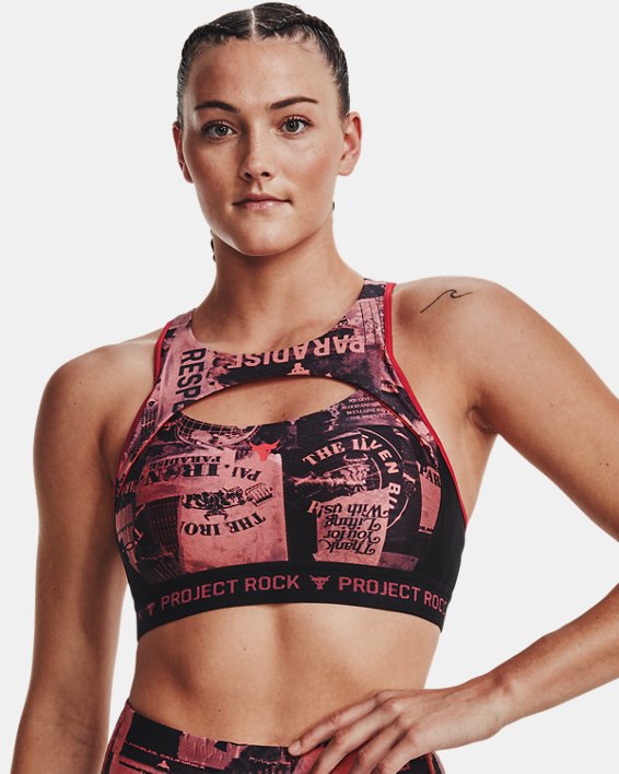 Women's Project Rock Crossback Printed Sports Bra in Pink image number 2